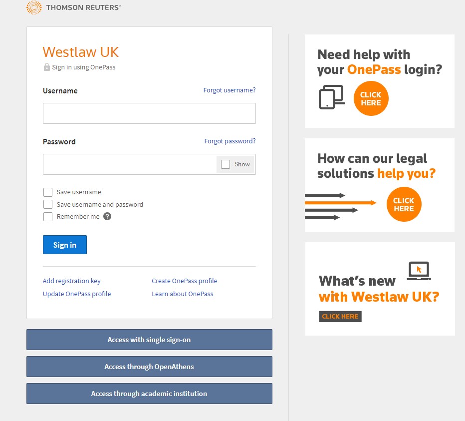 Westlaw UK OnePass Sign On page
